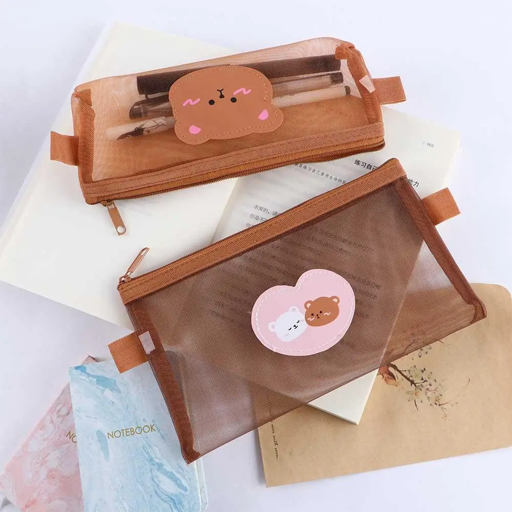 Cute Large Capacity Stationery School Supplies Kawaii Pencil Bag Mesh Pencil Case Storage Bags Bear Pencil Bags