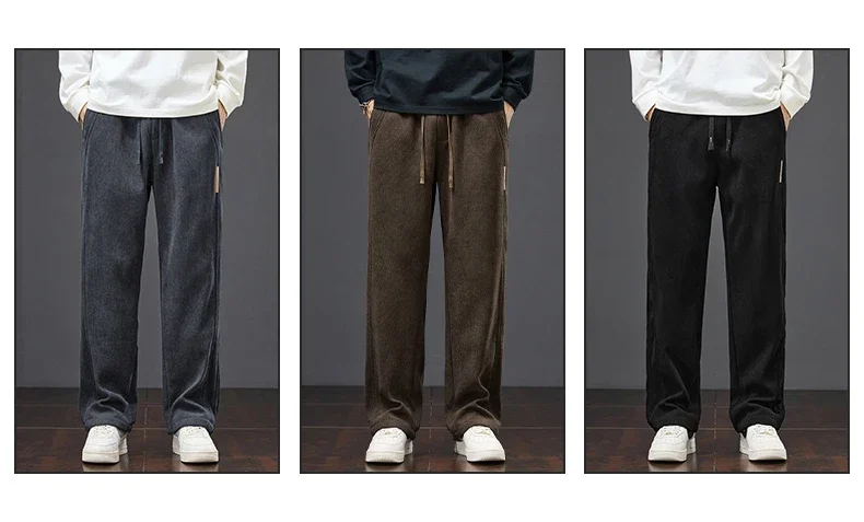 Winter Warme Fleece-Gefütterte Herren-Cordhose, Weite Gerade Hose mit Kordelzug und Elastischem Bund, Streetwear Braune Freizeithose für Männer – Detail 4