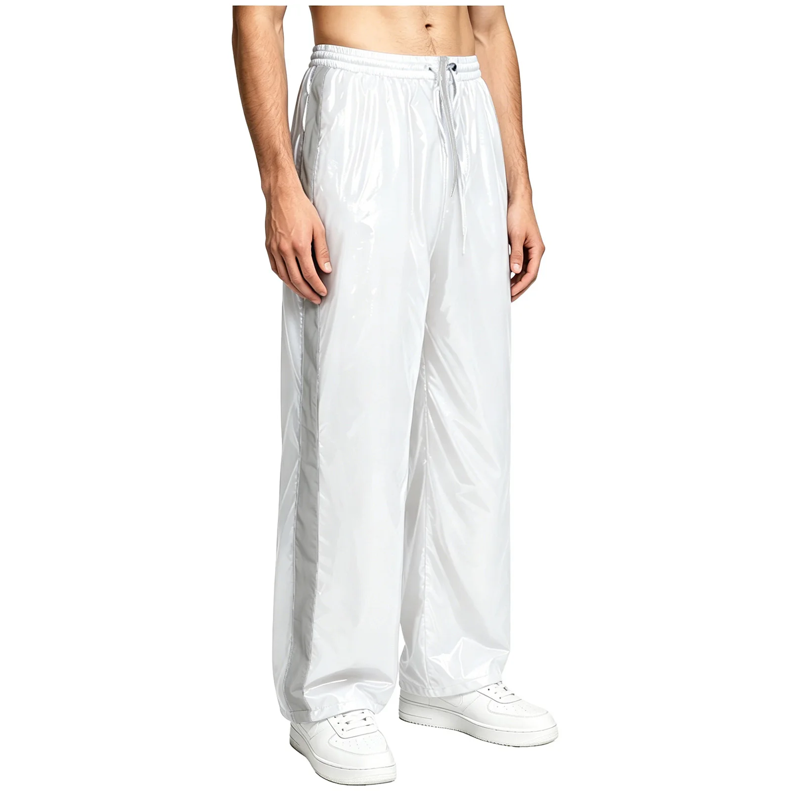 

Mens Glossy Waterproof Sweat Pants Zipper Crotch Reflective Stripe Elastic Waistband Straight-leg Trousers for Cycling Swimming