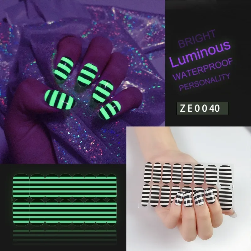 Brilho escuro adesivos de unhas fluorescente crânio flor design cobertura completa unhas falsas auto adesivo manicure arte decalques suprimentos beleza