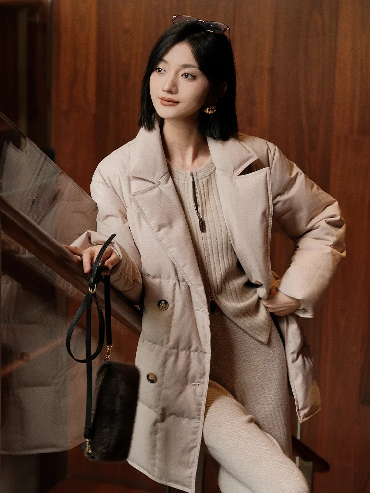 

Пуховик Fengjia Narrow Cro Puffa из белого гусиного пуха с воротником из 3-цветной ткани, средней длины, с поясом, YR0273, для повседневной носки