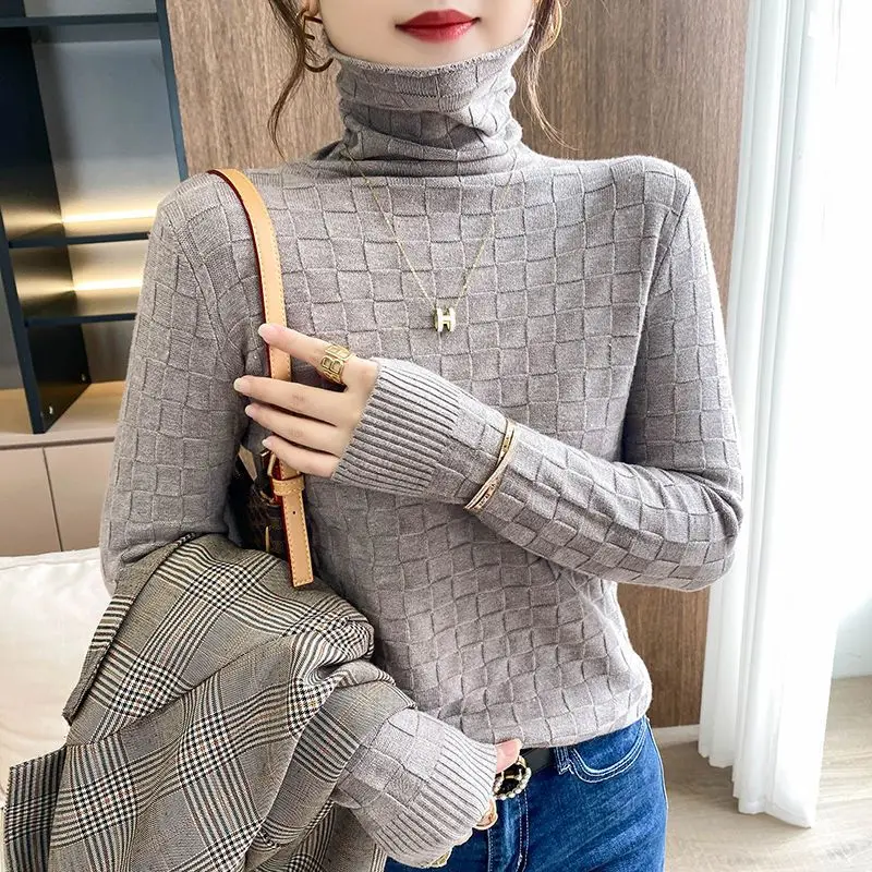 

Autumn Winter New Casual Long Sleeve All-match Slim Jumpers Office Lady Stylish Turtleneck Solid Color Plaid Spliced Sweaters
