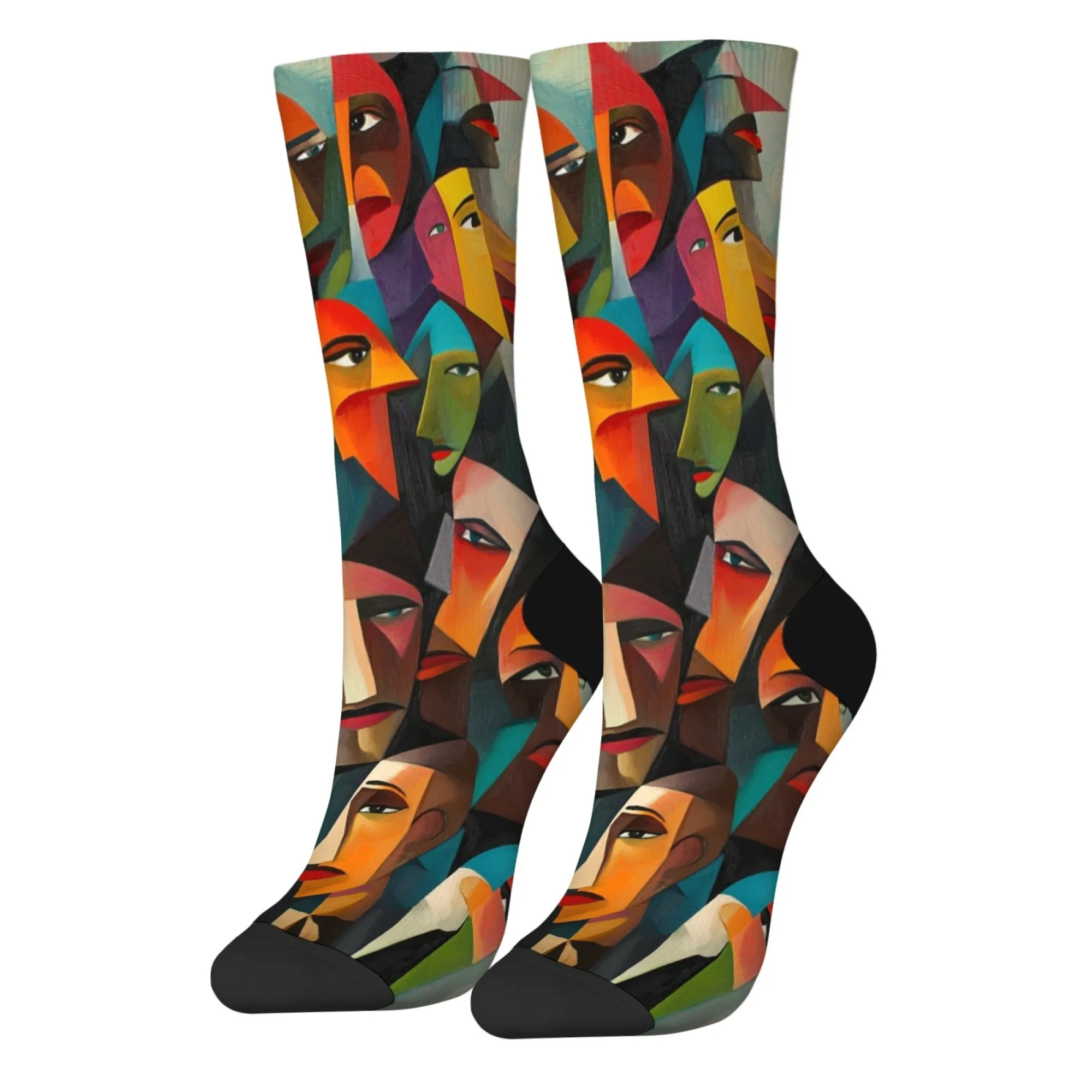 Geometric abstract human face socks retro art style casual fashion men's socks warm non-slip novelty funny compression socks