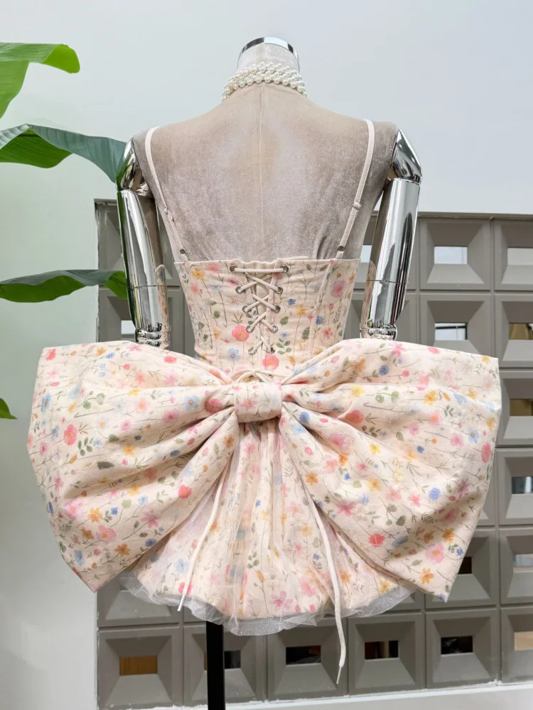 여성용 봄 여름 플로럴 프린트 캐미 드레스 튤 스커트 스윗 캐주얼 파티웨어 2025 트렌디 여성 패션 의상 드레스