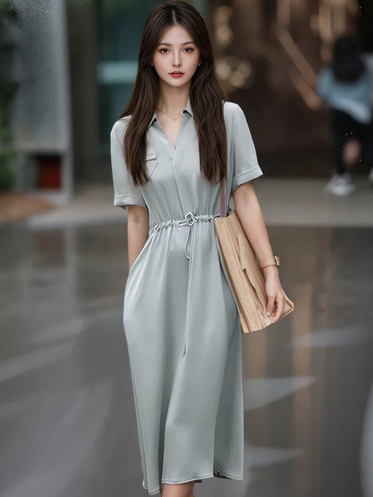 Vestido largo ajustado con lazo liso para mujer, vestido de oficina con cuello tipo Polo de manga corta, Vestidos coreanos elegantes de lujo 2025