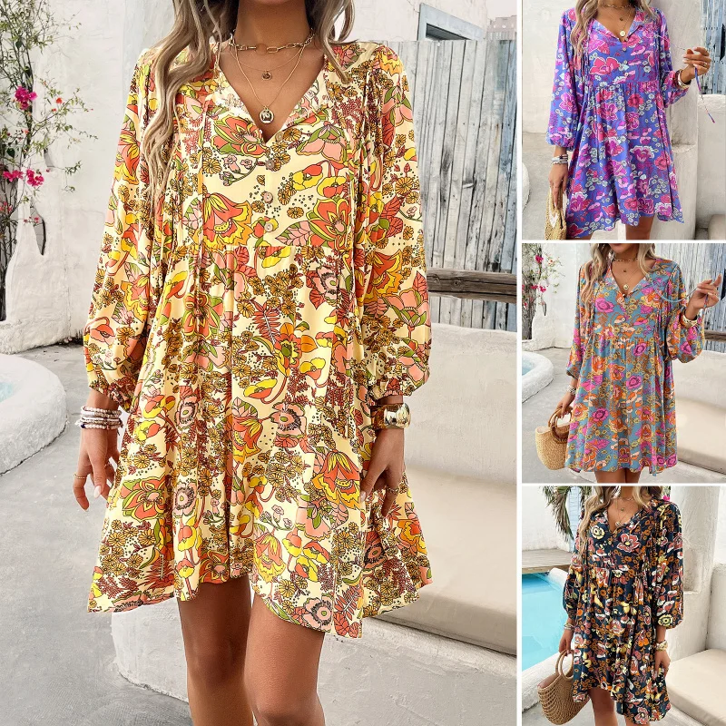 

Women'S Casual Vacation Cotton Printed Long Sleeved Dress