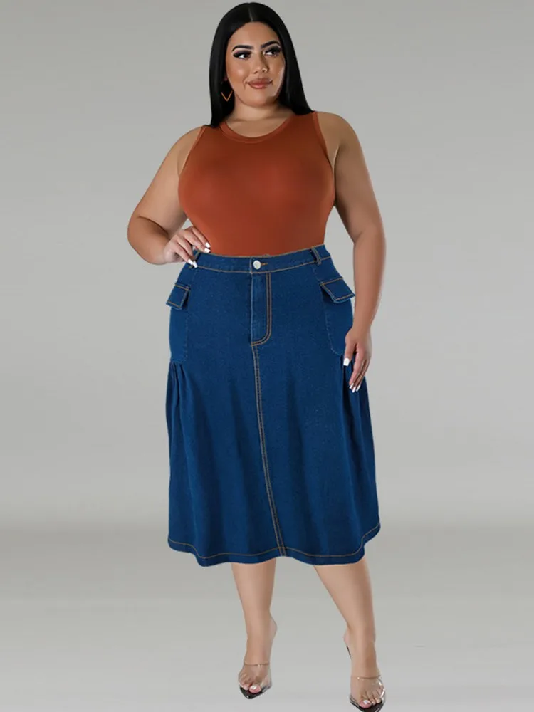 Plus Size Clothes 2024 Women\'s Button A-line Side Split High Waist Denim Skirt Office Lady Midi Jean Skirts Autumn Winter Skirt