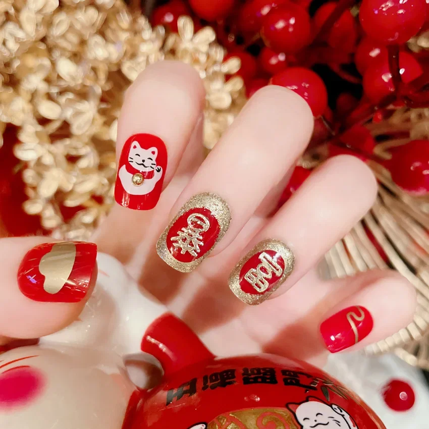 

Red Press on Nail Tips Art False Nail Chinese New Year Party Happy Lucky Cat Wearable Nail Full Cover with 24pcs Free Glue