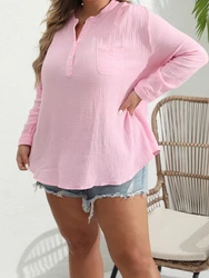 Pink Fashion Plus Size 1XL-8XL Women's Solid Color Casual Lapel Shirt Ladies Fashion Button Up Shirt Long Sleeved Shirt