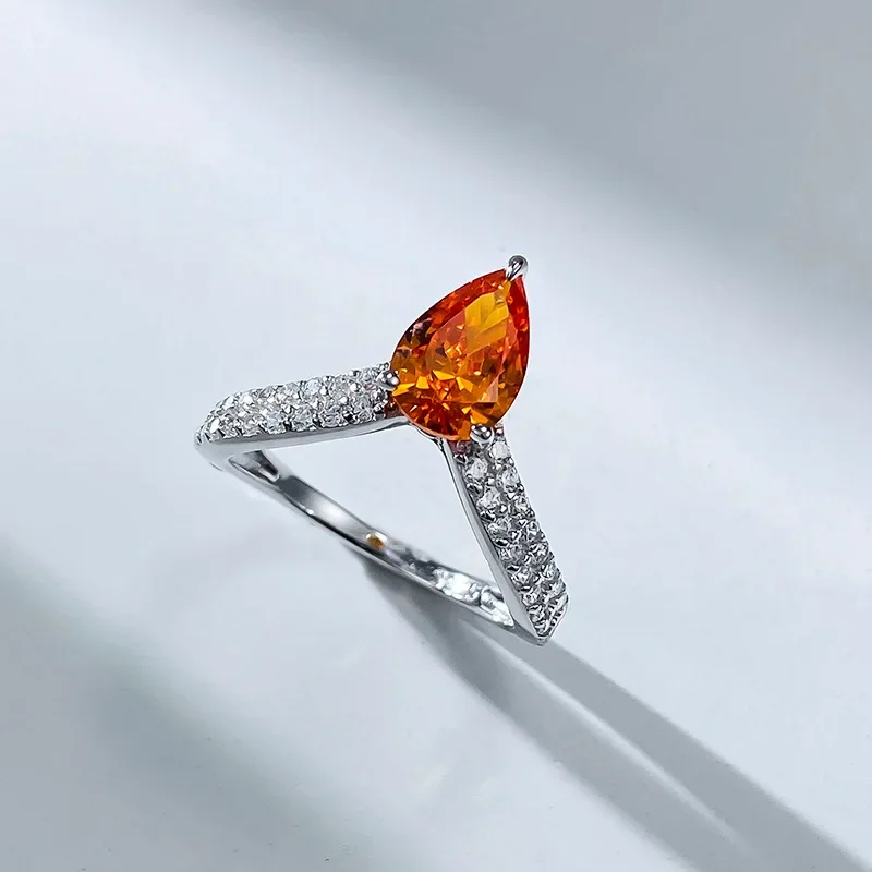 2024 new 925 silver Fanta orange micro inlaid diamond ring 6 * 9 pear shaped orange playful orange