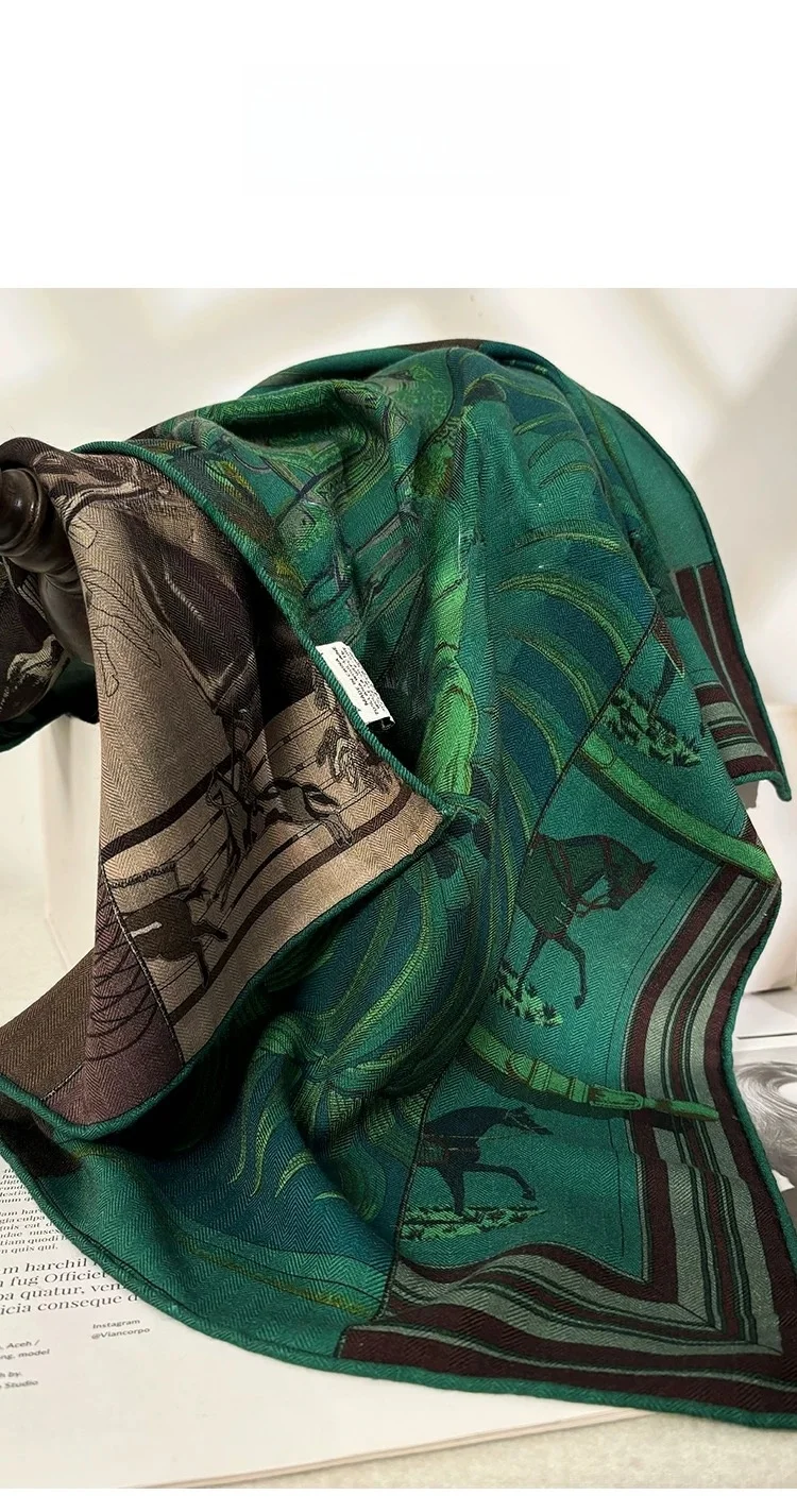 両面シルクウールスカーフヴィンテージ騎士スタイル秋冬女性の新しいスタイル本物のシルクウールエスニックスタイルスクエアスカーフ