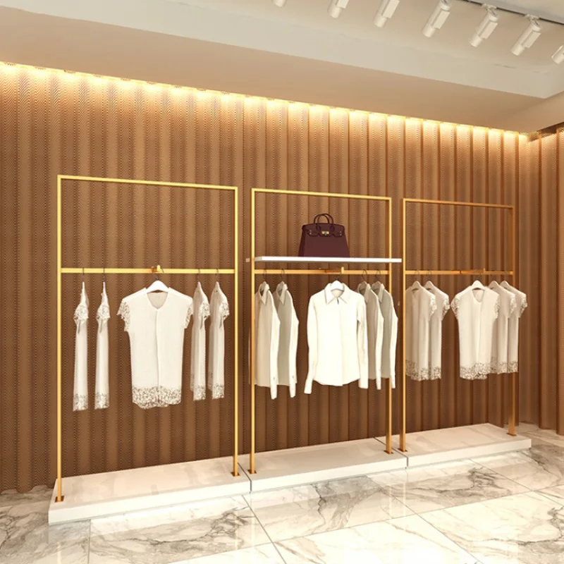 custom，Unique Design Gold Clothes Hanging Rail Display Rack Stand Showroom Furniture for Clothing Garment Shop