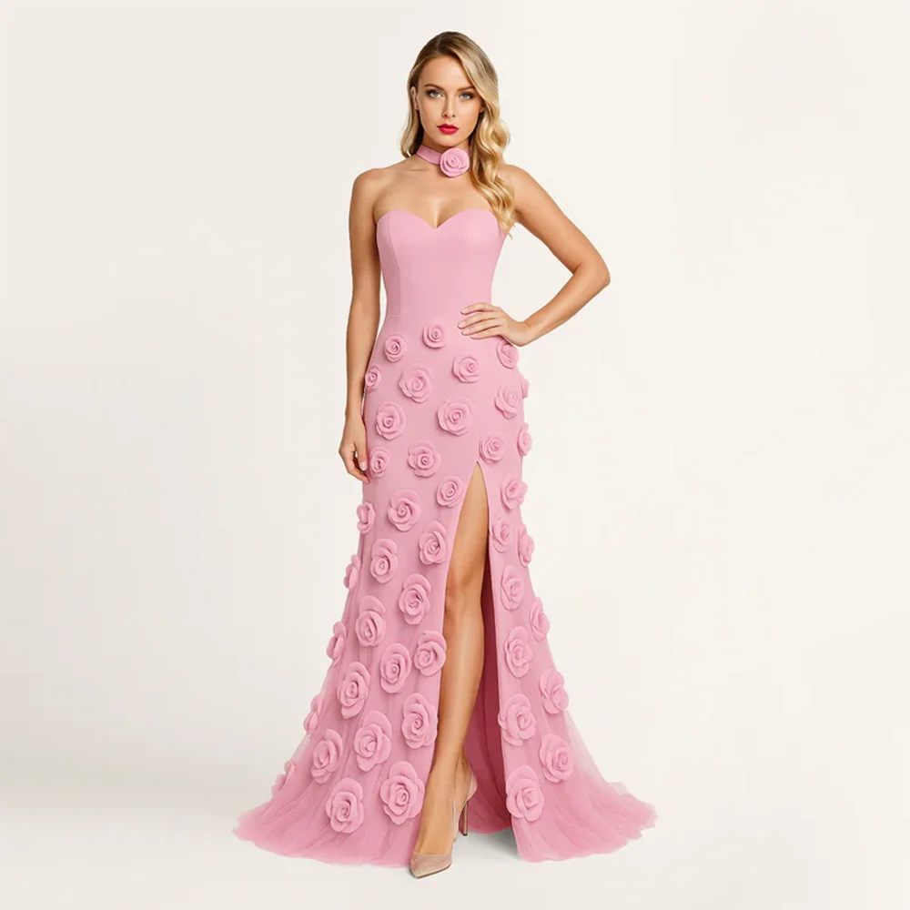 

Sexy Sweetheart A-line Evening Dress for Woman Sleevesless Handmade Flower Prom Gown Floor Lenght Party Dress Customized