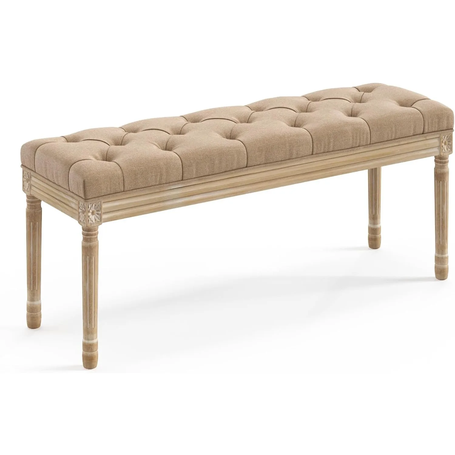 

44" Bedroom Bench, Vintage French Tufted End of Bed Bench, Upholstered Fabric Ottoman Bench with Carved Wood Legs