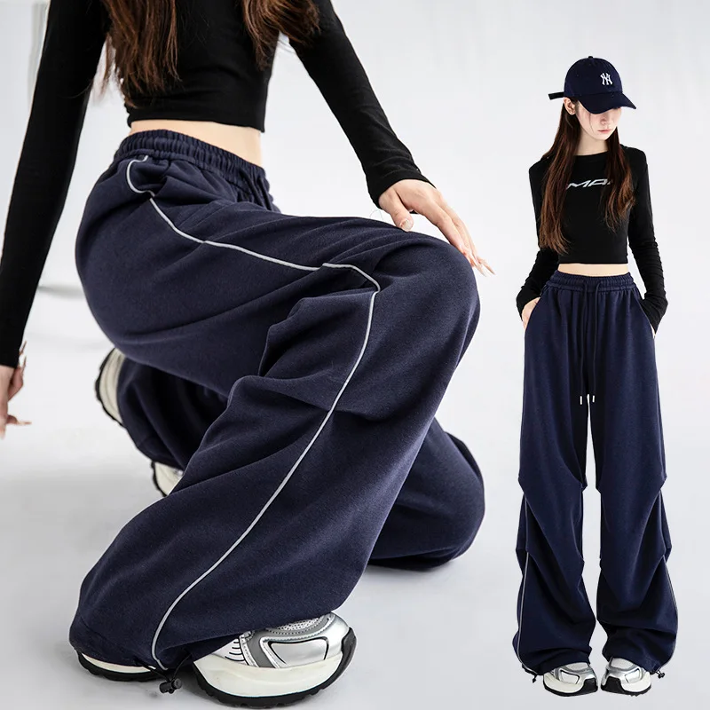 

American sweatpants children's spring and autumn 2025 new loose straight sweatpants Spice girl reflective strip wide-leg pants