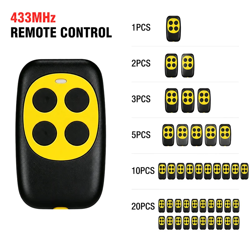433MHz 4-Button Yellow Remote Control, Clone Copy Key Fob for Garage Door & Gate Opener, 1/2/5/10/20PCS Available