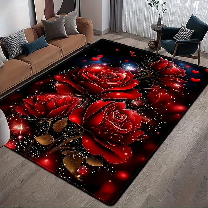 VIKAMA Sparkling Red Rose Area Rug Glitter Heart Floral Print Non Slip Large Floor Mat Romantic Valentine Theme Living Room Rug