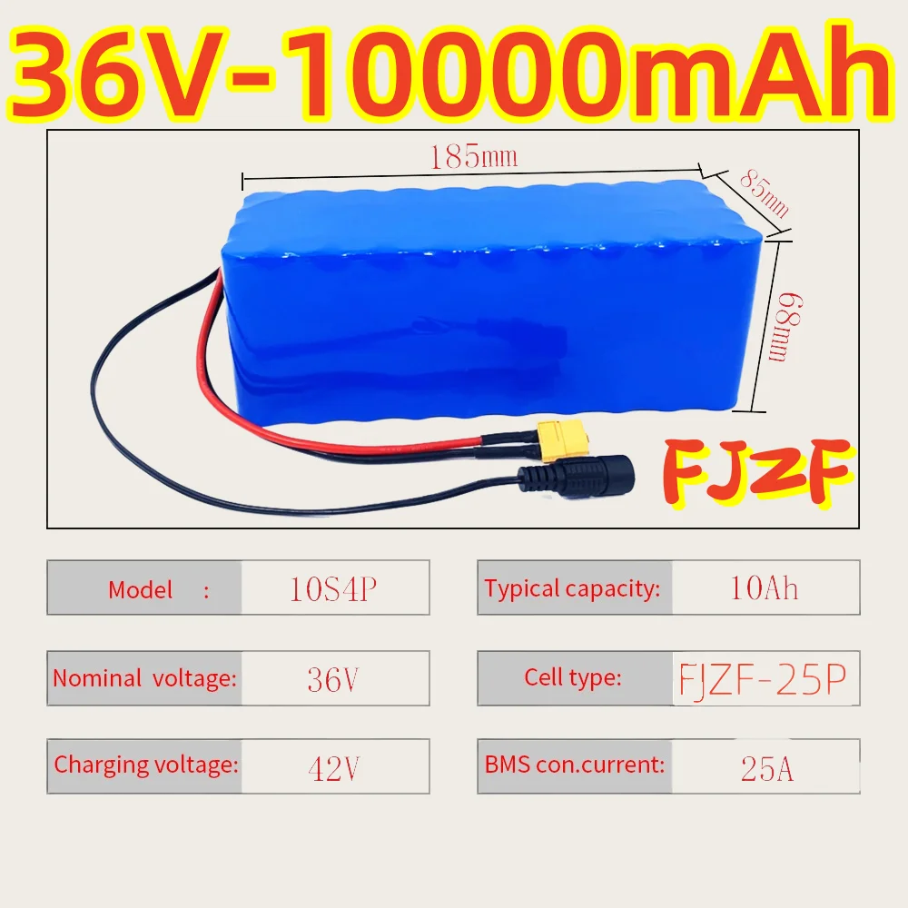 

36V 10000mAh Lithium Battery Pack FJZF 10S4P 10Ah 42V Max 25A BMS Compatible with 250W~750W Ebikes Electric & Scooters