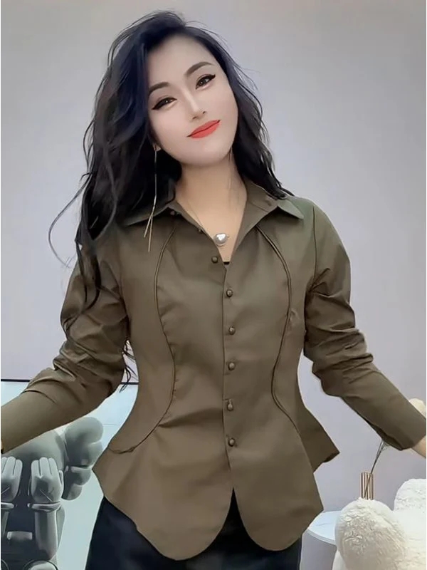 

Slim Fit Faionable irt ort Sle Long Sve Отложной воротник с отделкой талией Декоративная линия Чистый цвет Повседневный Sle