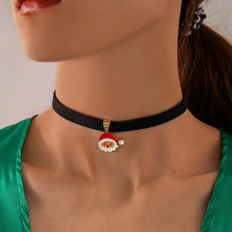 Docona Simple Metal Santa Claus Pendant Black Choker Christmas Themed Atmosphere Party Accessories Gift For Women