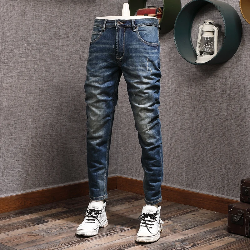 European Vintage Fashion Men Jeans Retro Dark Blue Elastic Slim Fit Ripped Jeans Men Trousers Casual Designer Denim Pants Hombre