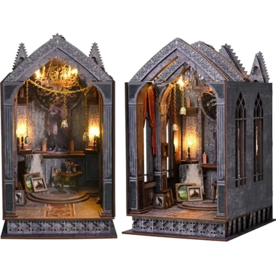 

Gothic-style DIY book nook kit for adults, MDF material, black finish, includes LED lighting for immersive shelf decor unique g