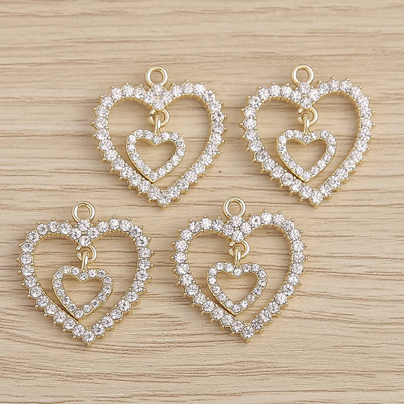 4pcs 20x25mm Cute Crystal Double Hollow Love Heart Charms Pendants for Making DIY Earrings Necklace Bracelets Jewelry Findings