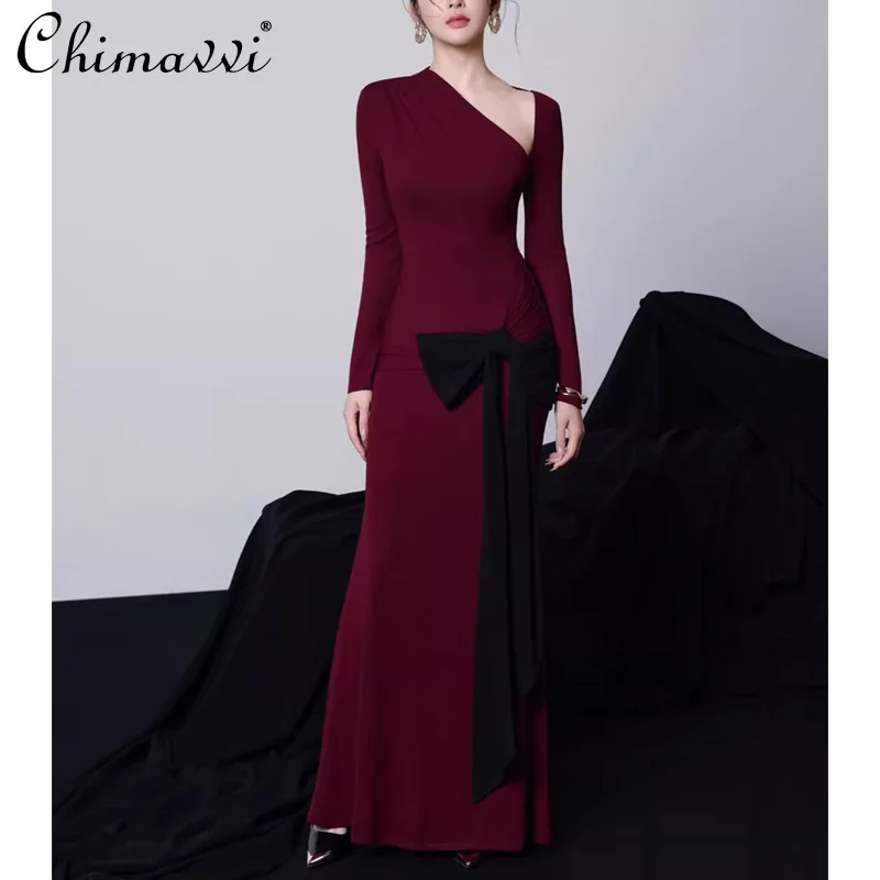 

French Style Elegant Fashion Slanted Shoulder Long Sleeve High Waist Bow Hip-wrapped Long Evening Dress for Women Spring 2026