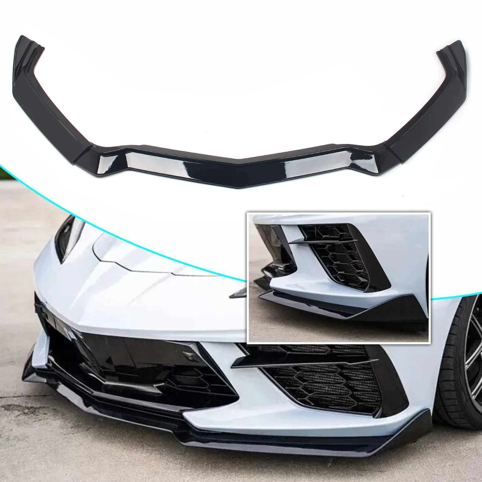 For 2020- 24 Corvette C8 Z51 STG 5VM Style Gloss Black Front Bumper Lip Splitter