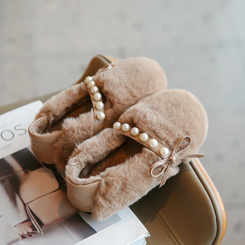 Toddler Girls Winter Furry Flat Shoes Pearl Bow Elastic Strap Warm Plush Princess Dress Shoes