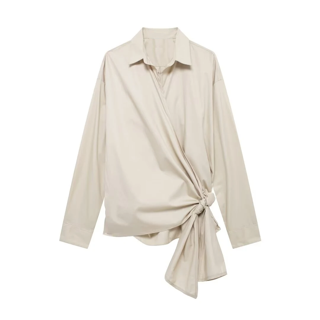 Tangada 2024 Women Solid Oversized Wrap Shirt Long Sleeve Bow Female Cotton Blouse Tops 3H0688