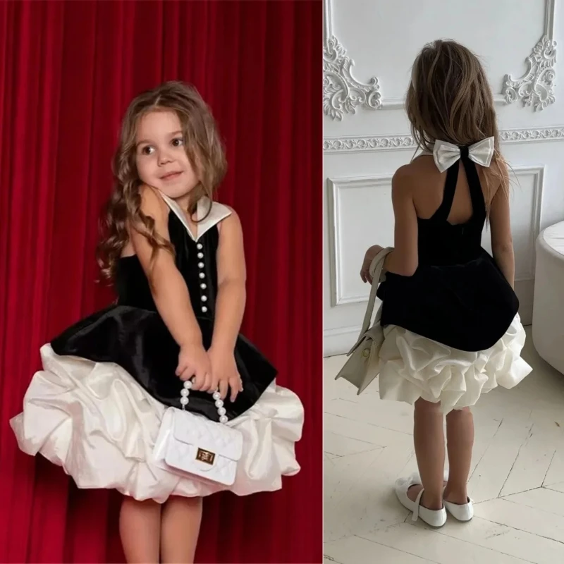2026 New Black Velvet White Satin Girls Dress Vintage Birthday Party Performance  Host Gown Childrens Pageant Formal Costume