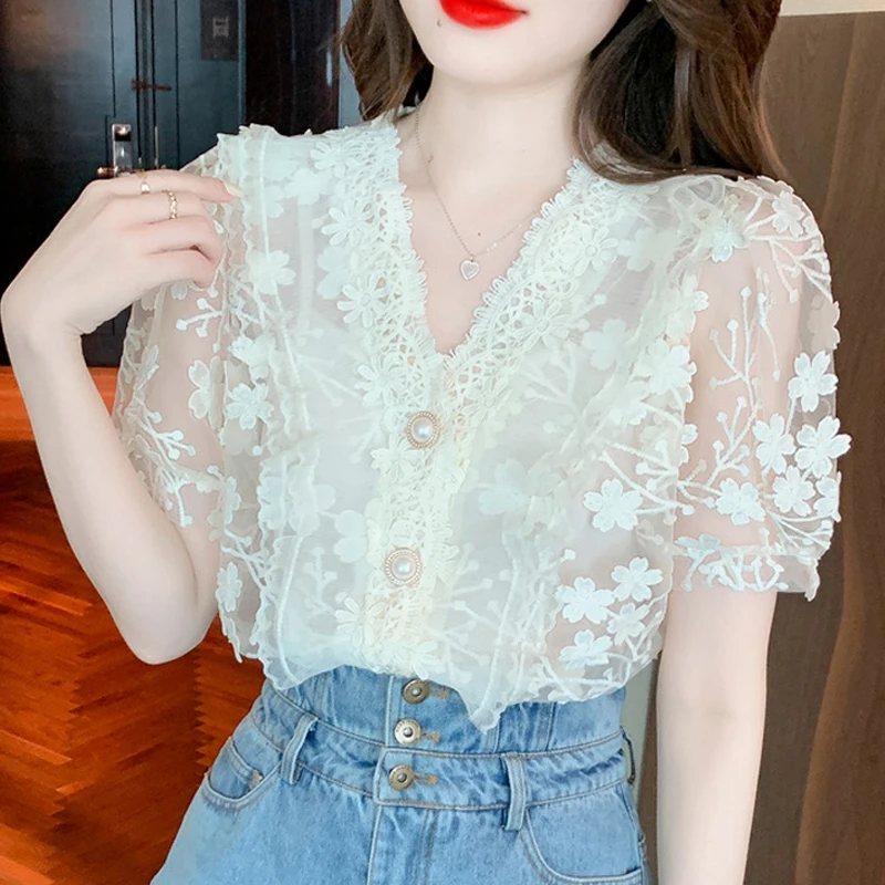 Elegant V Neck Stereo Flower Lace Chiffon Shirts Women 2023 Short Sleeve Tops Two-piece See Through Blouse Casual Sweet 27434