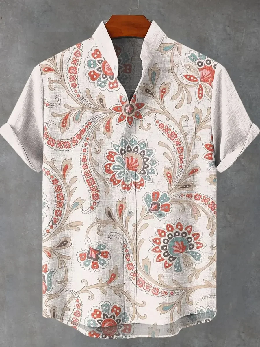 Men's summer new geometric digital print decorative pattern linen short sleeve shirt comfortable casual men's linen top