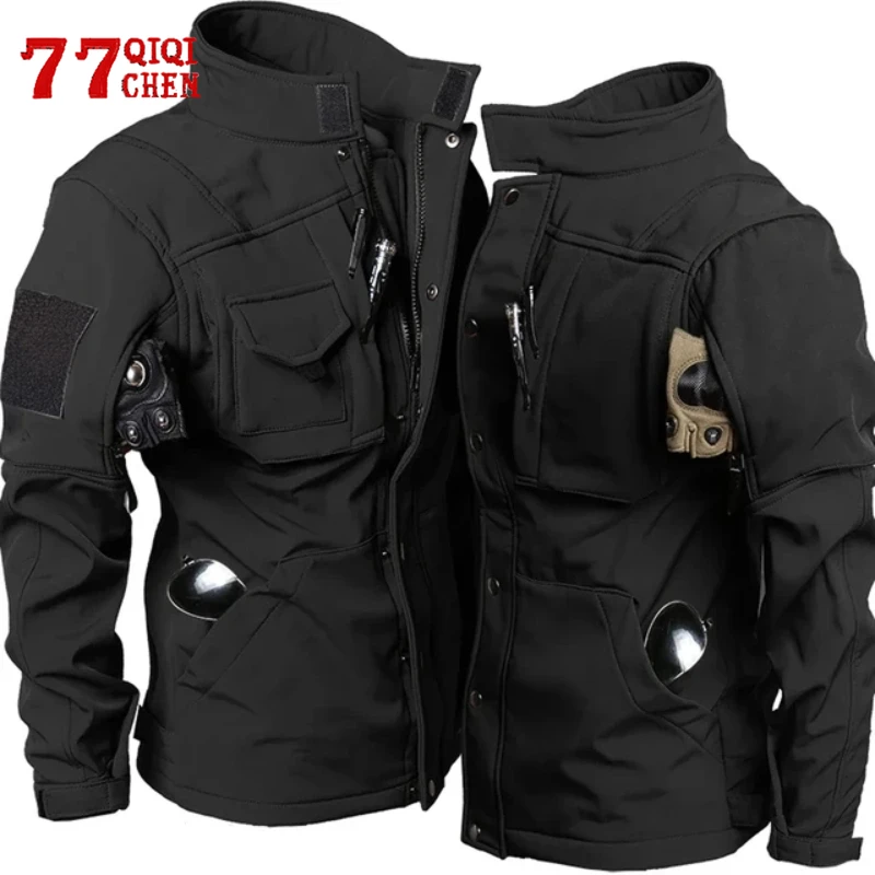 

Mens Shark Skin Tactical Hooded Jackets Waterproof Fleece Soft Shell Multi-pockets Wear-resisting Jacket Outdoor Combat Coats