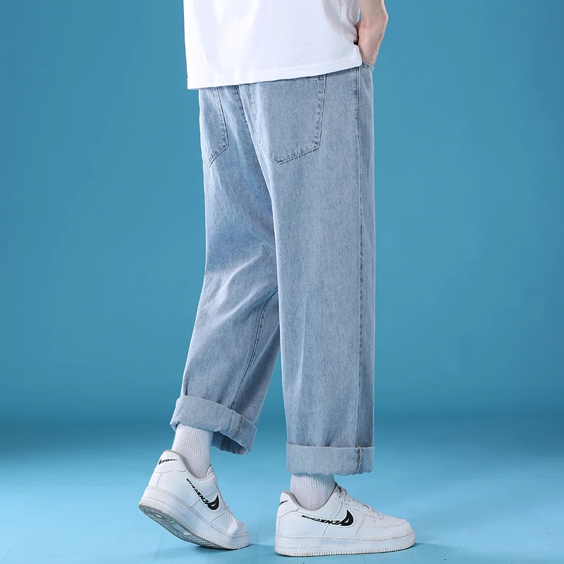 Celana Jeans Lurus Longgar Merek Fashion Hip Hop Pria Celana Kaki Lebar Renda Populer Remaja Kasual Fashion Sederhana Biru Muda