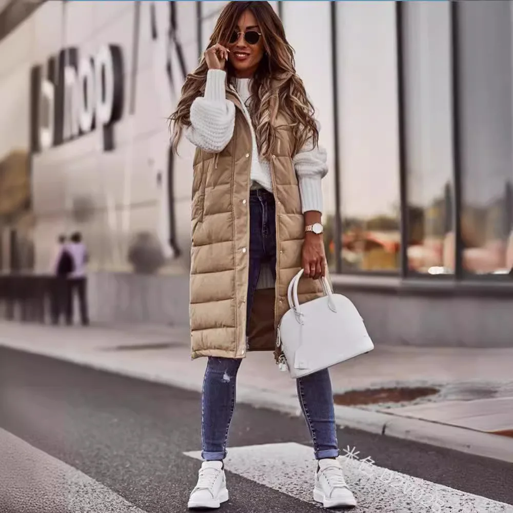 Parkas Vest Women Thick Hooded Long Coats Zipper Sleeveless Single Breasted Jackets Vests Casual Pocket Solid Elegant Autumn