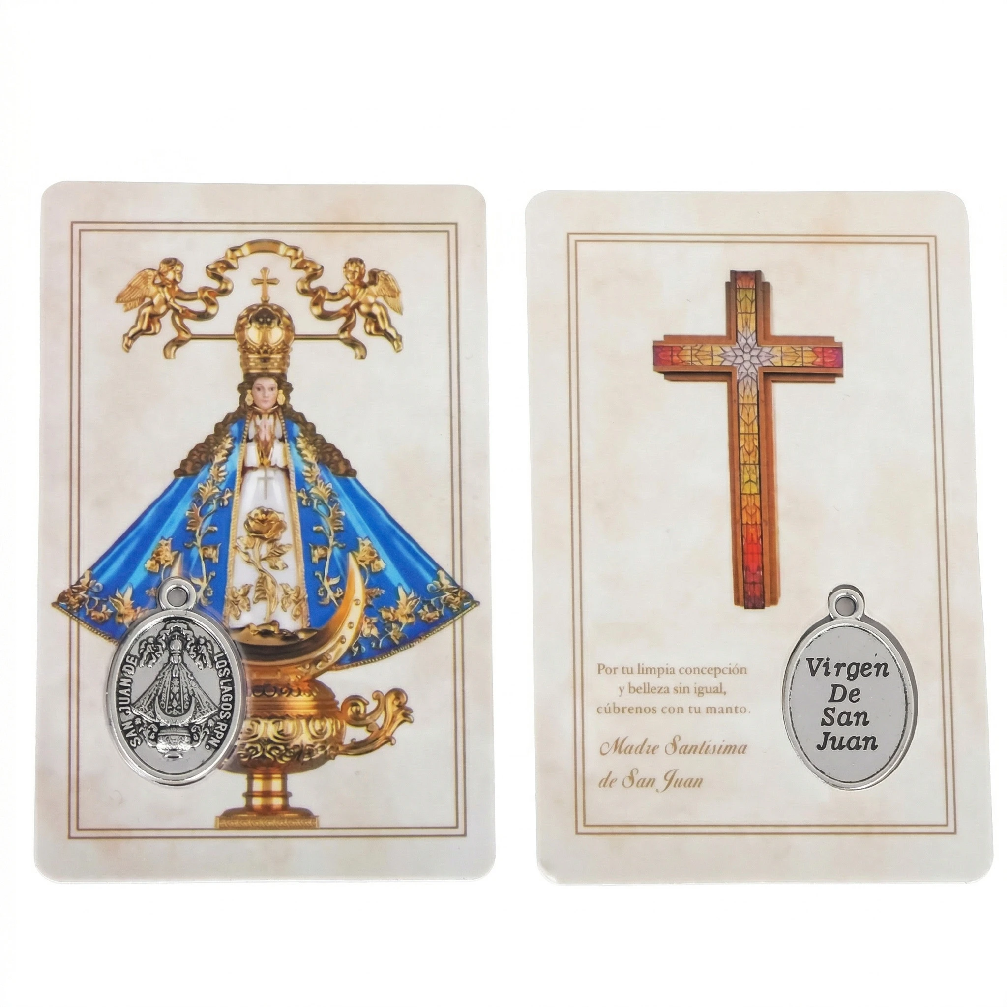 Medalla Virgen de San Juan de los Lagos Cruz Tarjeta de Oración Católica en Español Dije Colgante de Sanación Joyería Religiosa Mexicana Recuerdos para Bautizo Comunión Peregrinación Iglesia al por Mayor