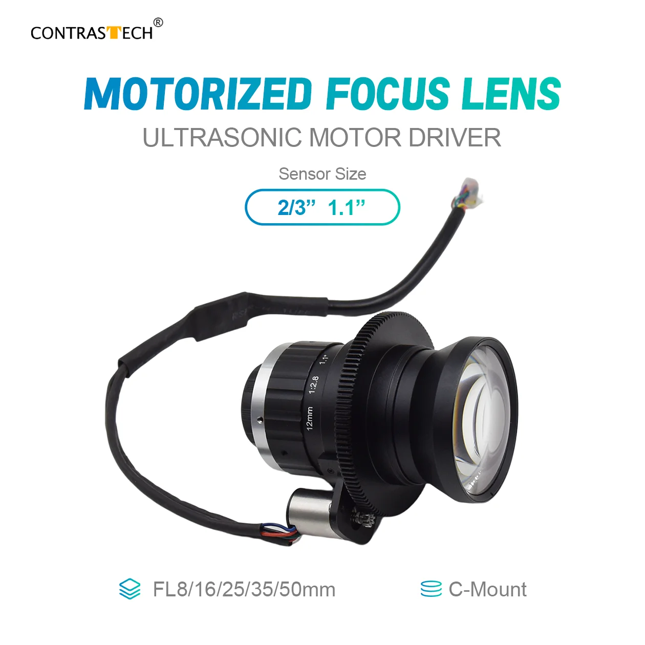 

24V RS232 Autofocus 0.001 Accuracy 8mm 16mm 50mm 20MP Motorized Focus Lens for Packaging Quality Inspection Contrastech