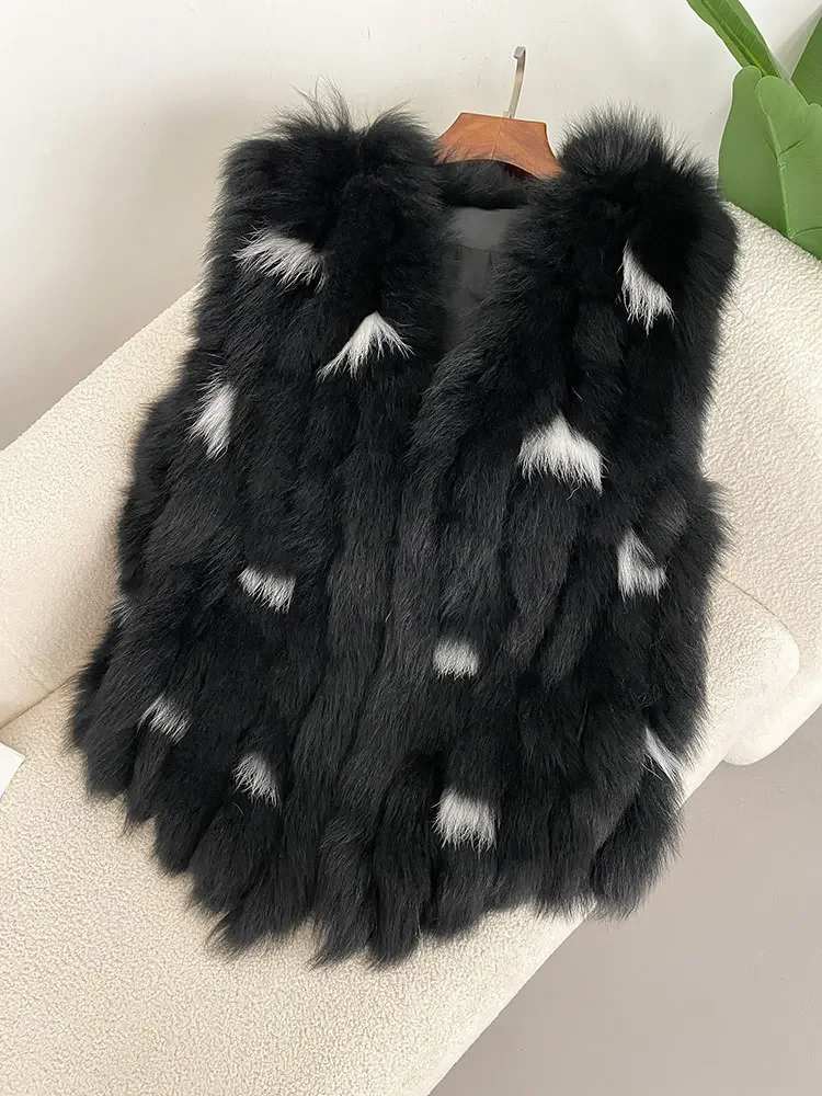 Fashion 2024 Winter Real Fox Fur Women Vest Natural Leathers Thick Warm Coat Sleeveless Double-faced Elegant V-neck Jackets