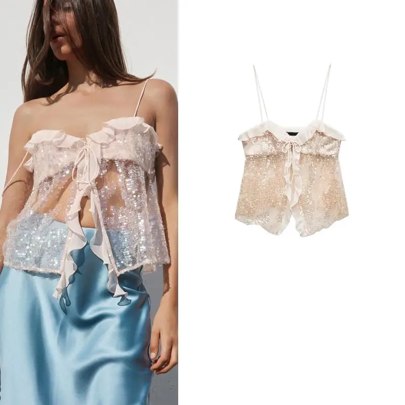 

New Autumn Winter Glitter ort Svel Strap Top Women's Faion Simple Match Bright Sequins Casual Vest 2025 Spring Thin...