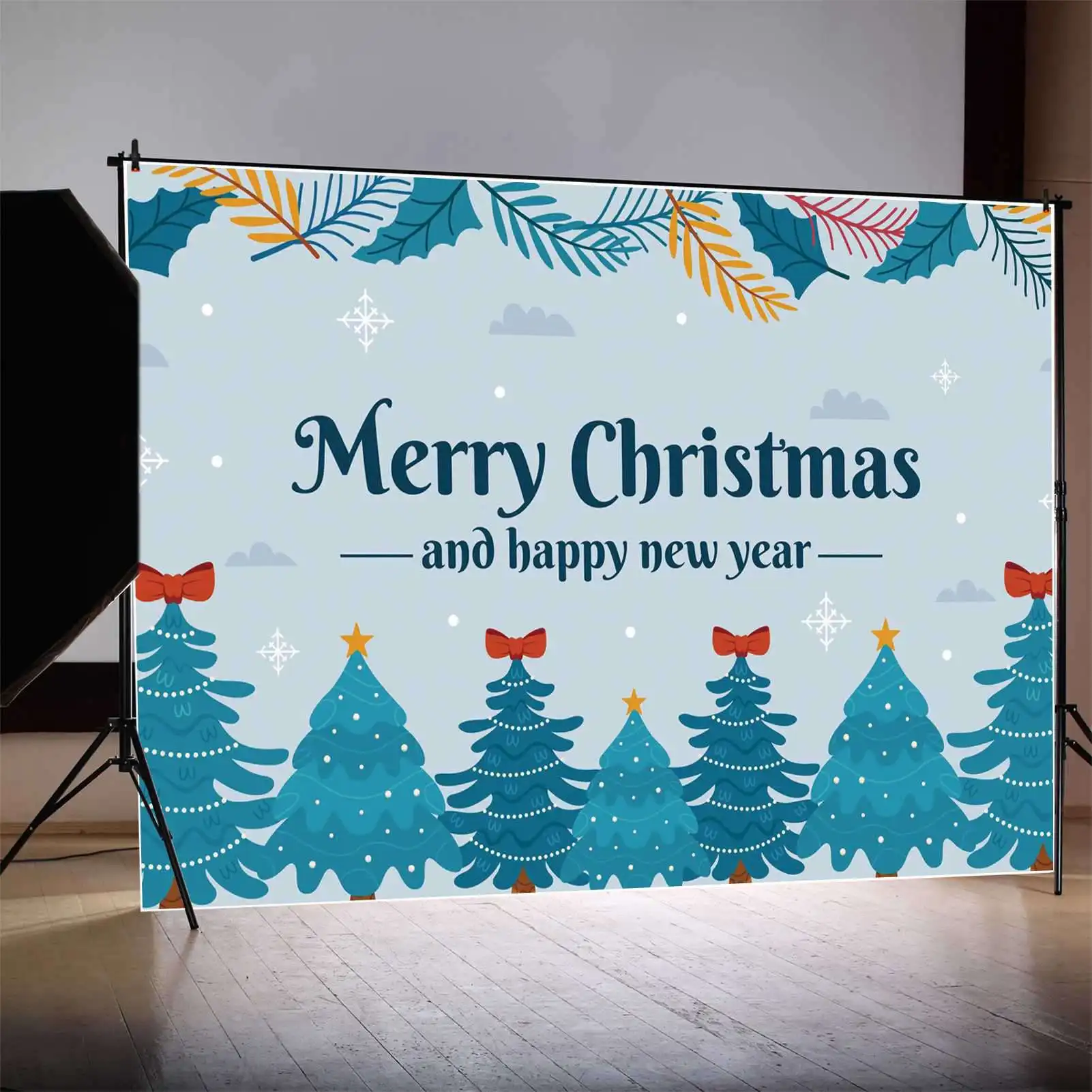 MOON.QG Backdrop Merry Christmas Snow Tree Banner Kids Party Decoration Background Bowknot Pine Snowflake Sky Photo Booth Props