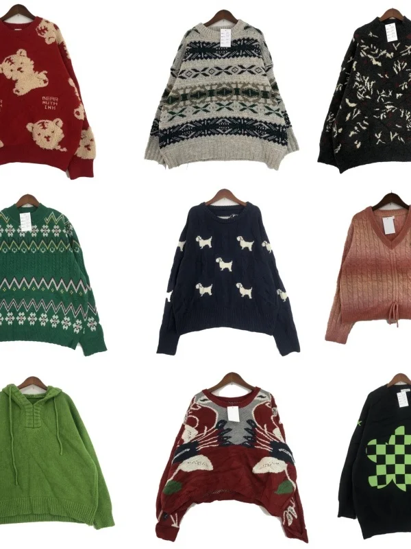 

Vintage ex Woolen Sweater Street Sle Patchwork Print round Ne Long Sve Warmth Winter Knitwear Cartoon Embroidery