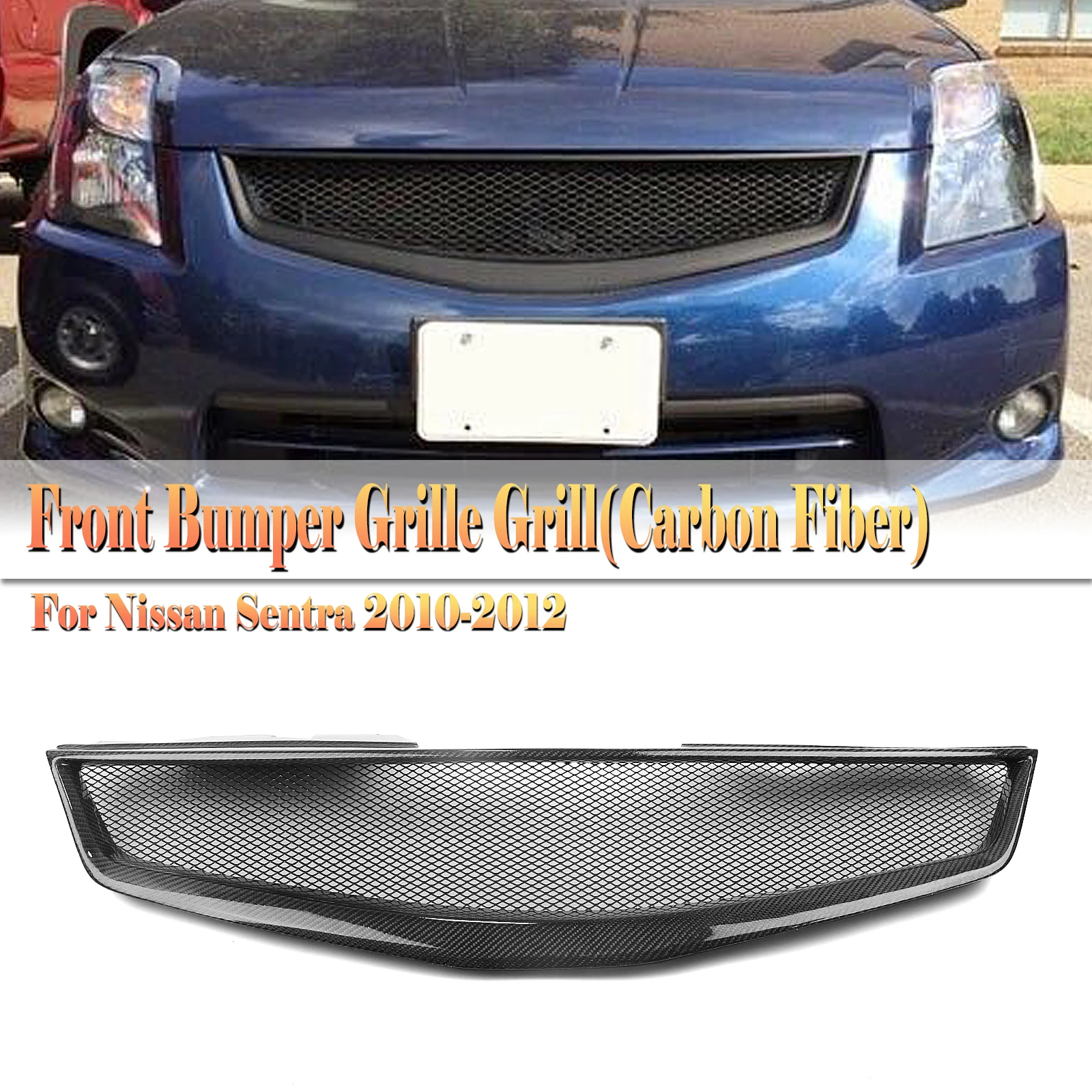 Front Racing Grill Grille For Nissan Sentra 2.0/ 2.0 S/2.0 SL 2010-2012 Real Carbon Fiber/Fiberglass Upper Bumper Hood Mesh Grid