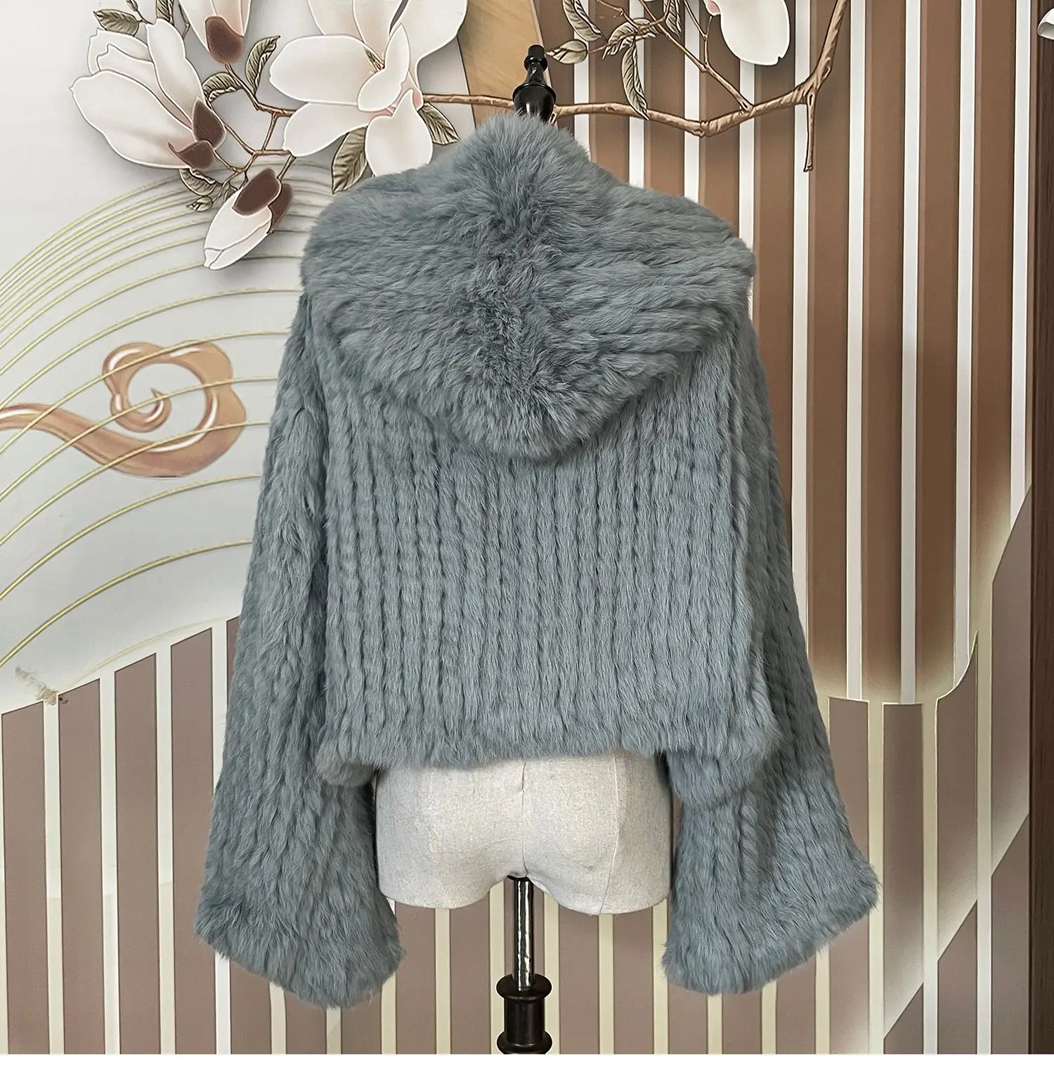 Long Sleeve Casual Loose Knitted Real Rabbit Fur Hooded Coat Women Genuine Natural Rabbit Fur Outwear Female Fur Jacket