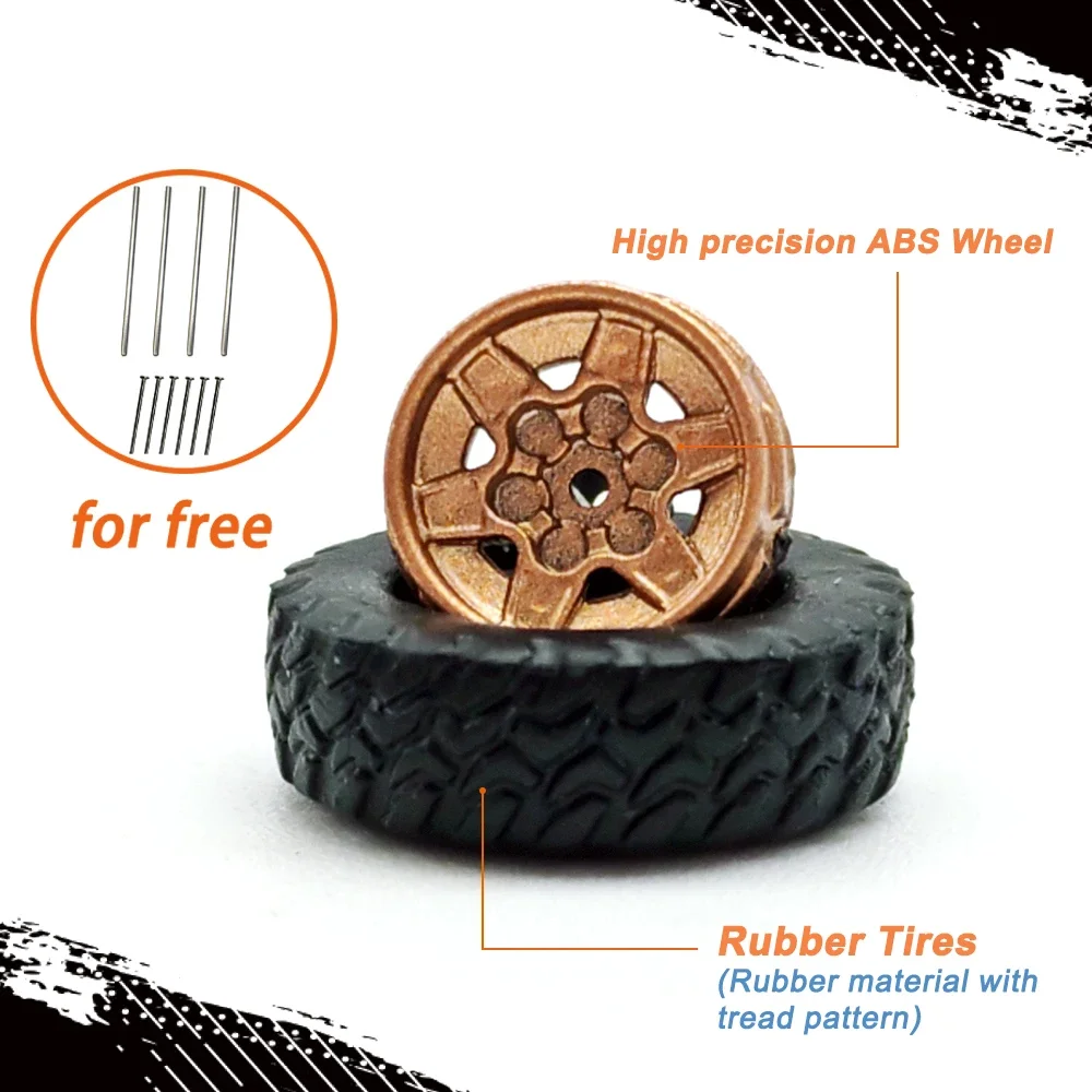 Kicarmod 1/64 Model Car All-Terrain Wheels with Rubber Tire Rivet Axle Diameter 13mm Refitting Parts For Off-Road