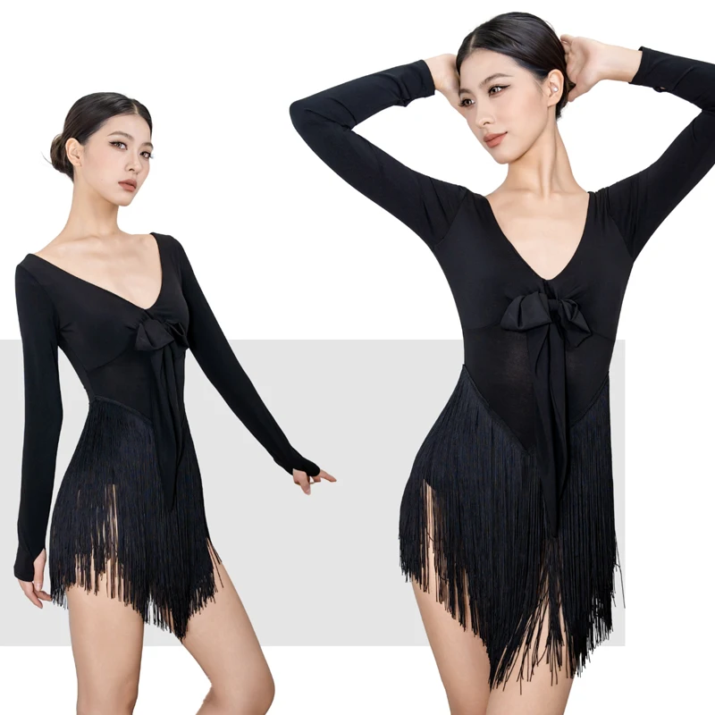 

High-End Latin Dance Competition Clothing For Women Long Sleeved Fringe Dress Samba Chacha Latin Dance Dress Stage Wear DQS23163