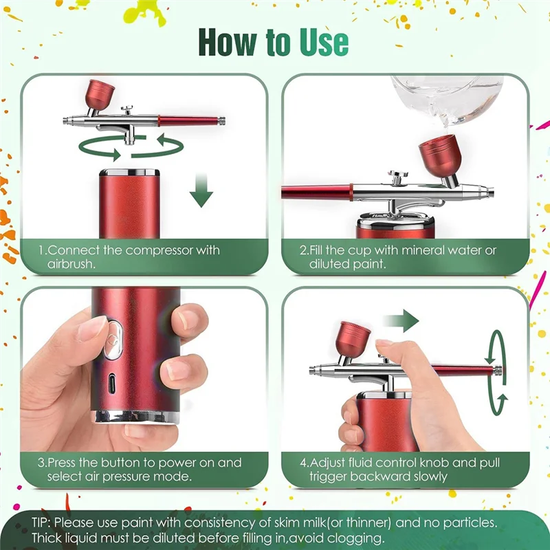 

Portable Rechargeable Wireless Airbrush Double Action Spray Gun With Compressor Fit For Face Beauty Nail Art Red