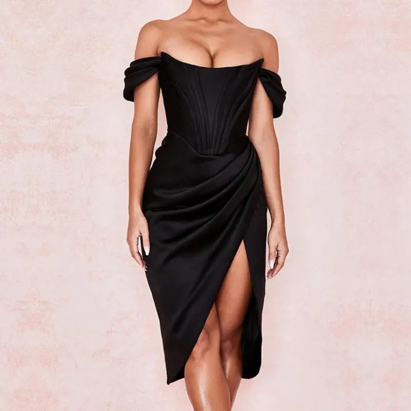 2025 nouvelles femmes hors-la-épaule, bustier, fishbone minceur, fente couleur unie à la mode et sexy robe courte