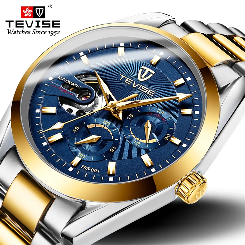 TEVISE 001 Brand Business Men's Automatic Mechanical Watch Stainless Steel Strap Stopwatch Waterproof Fashion Watches for Man
